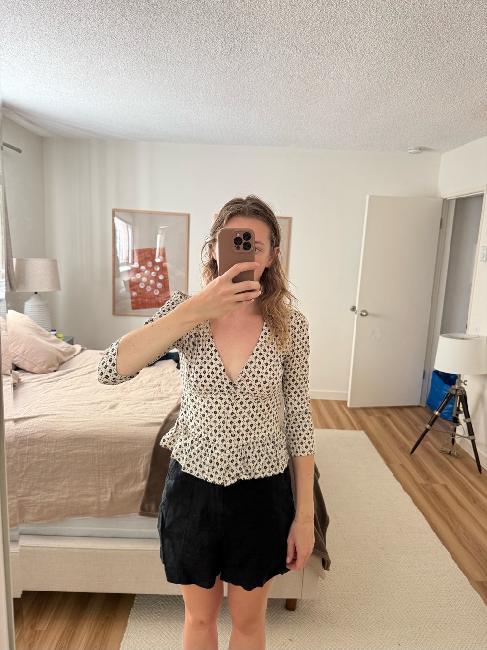 ba&sh Cream Blouse with Black Geometric Print